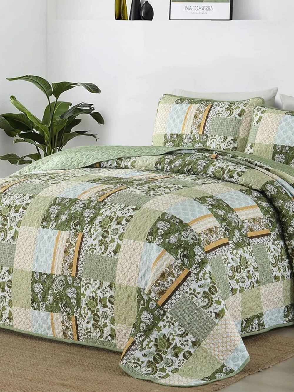 Quilt Set Queen Size, Green Patchwork Bedspread with 2 Shams